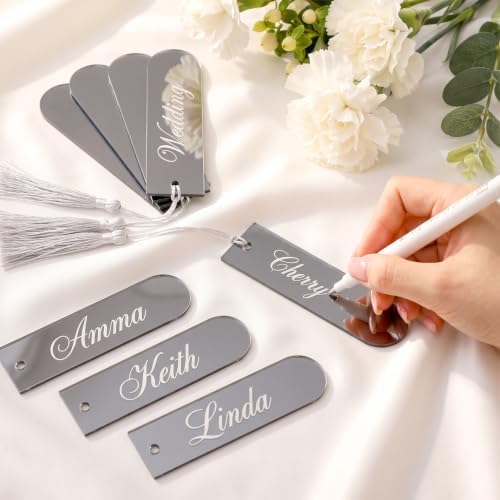 Novabright 48 Pcs Mirror Acrylic Place Cards with Tassels, Name Place Cards for Table Seting, 3.6 x 1" Acrylic DIY Blank Gift Tags for Wedding Table Decoration, Birthday, Party, Event(Brushed Silver) - 3