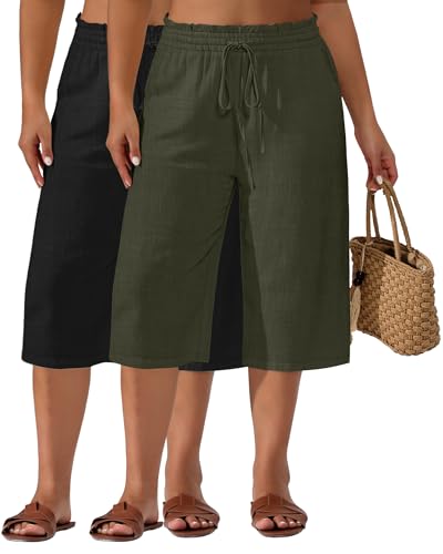 Neer 2 Pack Women's Plus Size Linen Capris Wide Leg High Waisted Drawstring Cropped Pants Beach Pants with Pockets