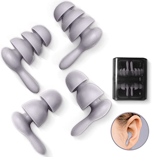 Mingting Ear Plugs, 2 Pairs of Soft Reusable Silicone Earplugs, Waterproof Noise Reducing Earplugs, Suitable for Sleeping, Swimming, Snoring, Concerts, with Case Package (Gray)