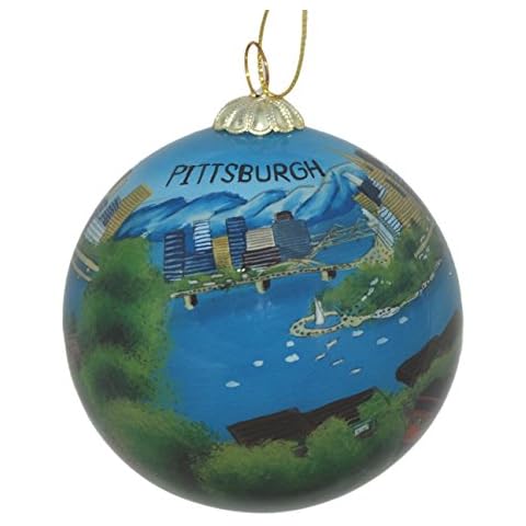 Art Studio Company | Blown Glass Christmas Ornament | Pittsburgh, Pennsylvania Skyline and Rivers | Hand Painted Inside | Original Art | Includes Gift Box Cover