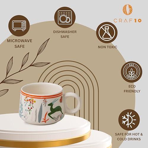 Image of CRAF10 Ceramic Handcrafted Green Stag Printed Tea Morning Set - 1 Kettle (1 Litre) & 6 Cups (160 ML) | Microwave & Dishwasher Safe | Teapot | Tea Sets with Kettle for Gifting