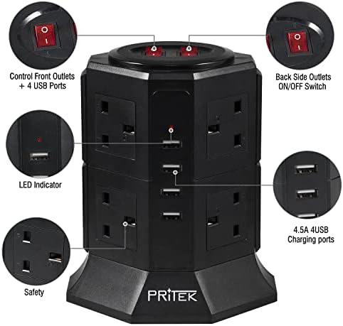 Extension Lead, PRITEK 8 Way Outlets Vertical Tower Power Strip with 4 Smart USB Charging Ports (5V/4.5A) 1000 Joules Surge Protector Extension Socket with 2m/6.5ft Extension Cord (Black)