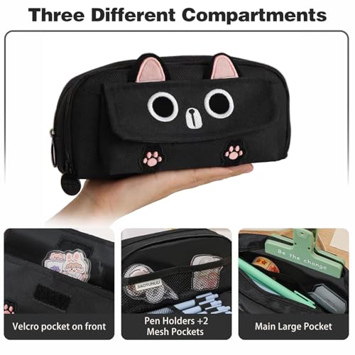 JIAOYUNLILI Big Capacity 3D Cat Pencil Case, Zipper Pencil Pouch for Girls Boys Back To School Supplies, Stationery Bag Office Pen Organizer for Teens Adults (Black) — view 2