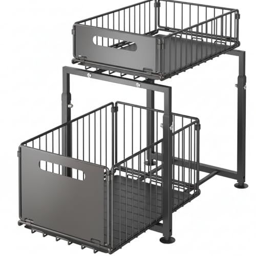 Yatmai Estantería De Cocina, Organizador De Oficina, De Pie, Organizador De Cocina, Archivador Oficina - Almacenaje Cocina - Estantería Con Dos Cestas Extensibles- Negro Con Dos Niveles.