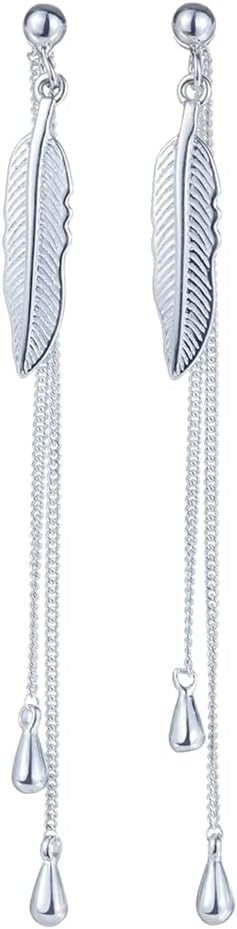 SA SILVERAGE 925 Sterling Silver Earrings, Feather Dangle Earrings for Women Long Tassel Hypoallergenic Cute Silver Jewelry Statement Earring Two-wear Ear Rings