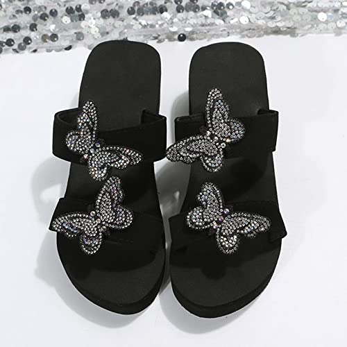 Sandals Women Fashion 2023 Summer Sequin Butterfly Double Strap Slip on Platform Wedge Slides Cute Open Toe Casual Slipper Comfy Ladies Shoes Sandalias4