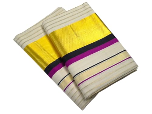Image of Womens Kuthampully Set Mundu With Golden & Stripes Kara