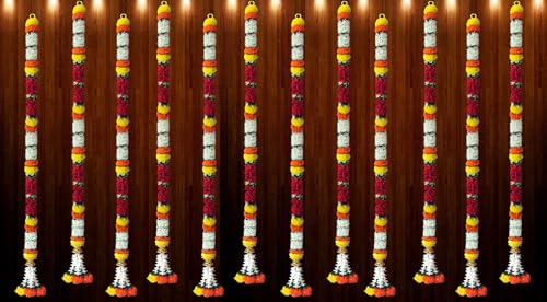 Image of Tia Crafts Artificial White Gajra Jasmine & Colourful Flower Strings for Wedding Decorations,Event Decor Perfect for Diwali,Ganpati & Pooja /Temple /Mandir Decoration,5ft (12,Pink-Marigold - 5ft),6 cm