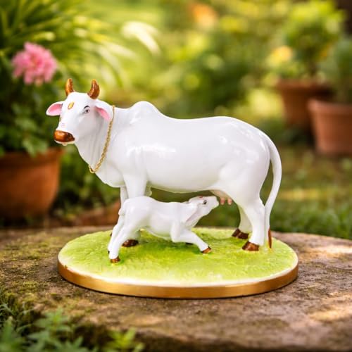 Image of Sai Amrut Handicraft Decorative Polystone Cow and Calf Big Statue /Idol for Gift Home Decor 7 inch (Marble Cow), White