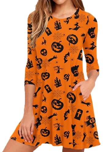 Image of VIISHOW Womens Round Neck 3 /4 Sleeves A-line Casual Tshirt Dress with Pocket