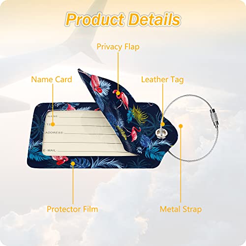 Image of Set of 2 Luggage Tag Suitcases Tag with Privacy Name Lable ID Card PU Leather Baggage Tags for Men Women Travel (Flamingo-2)
