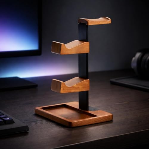 Image of Wood and Metal Headset Stand with Storage Tray Two Shelves Headphone Stand with Tray Curved Hanger Desktop Headphone Holder Sturdy for Gamers, Gaming Setup, as Shown