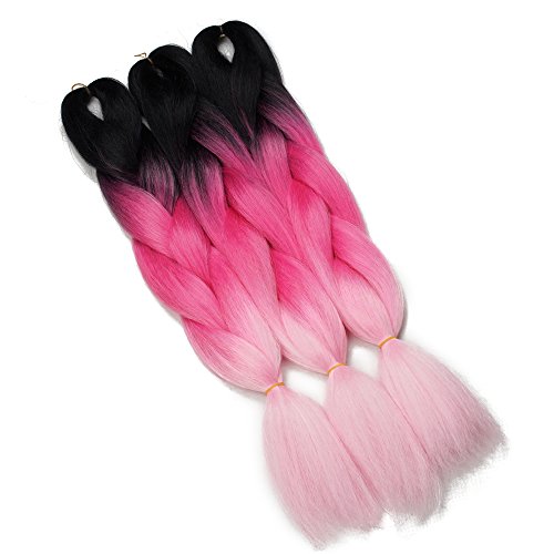 Synthetic Yaki Straight Ombre Jumbo Braiding Hair Extensions High Temperature Fiber Crochet Braids Hairstyles (Black Dark Light Pink)
