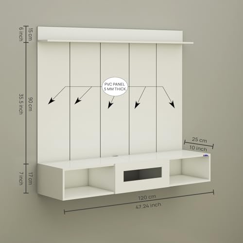 Image of Anikaa Novus PVC Back Panel Wall Mounted TV Unit with Spot & Blue Ambient LED Light - Acrylic Storage Box, Display Shelf & Soft-Close Hinges | Ideal for UP to 50 Inch TV (White - DIY Installation)