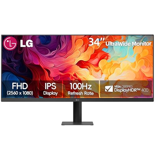 Image of LG 34'' IPS FHD UltraWide Monitor, 100Hz, 5ms, AMD FreeSync, DisplayHDR 400, sRGB 99%, VESA Mount, Reader Mode, Black Stabilizer, HDMI, DisplayPort, Virtually Borderless Design,Tilt Stand, Black