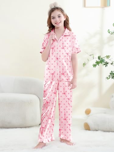 QZH.DUAO Silk Satin Pajamas Set Girls 2 Piece Pj Sets Ruffle Short Sleeve Sleepwear Soft Button Down Loungewear for Kids3