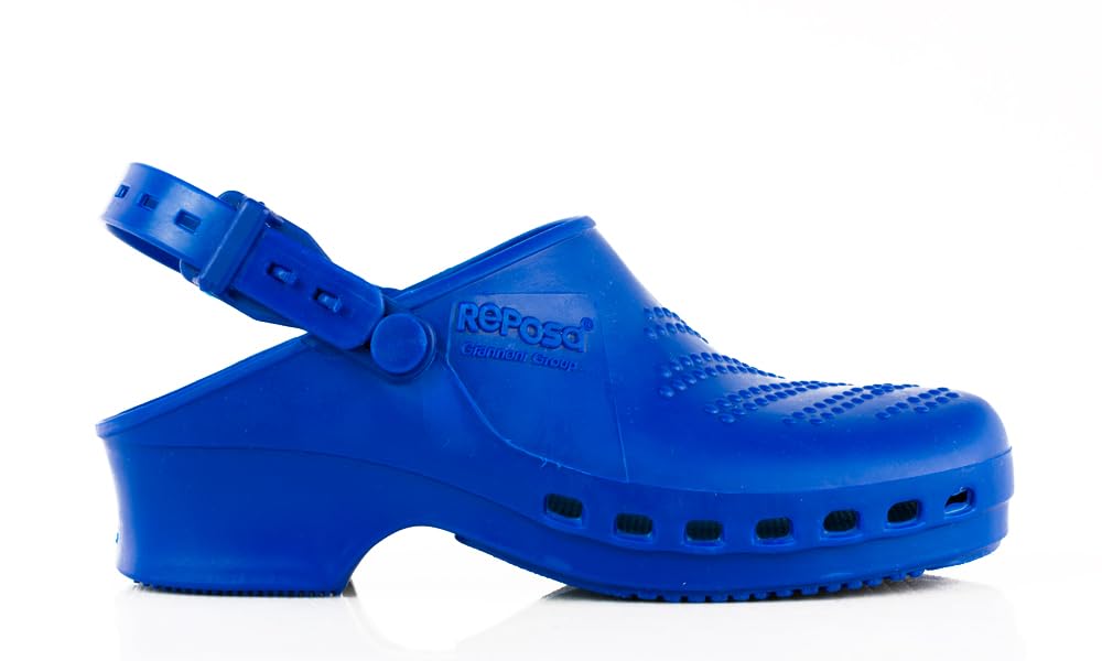 REPOSA Complete - Zuecos Sanitarios Mujer y Hombre en Goma SEBS Sin Látex, Zuecos Enfermera Anatómicos con Correa Trasera Ajustable, Zapatos Sanitarios Esterilizables, Antishock y Transpirables
