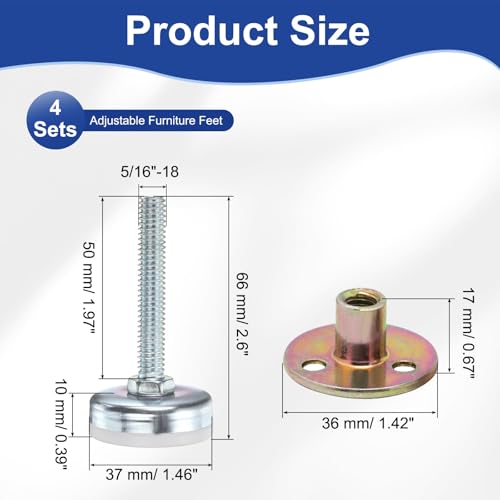 Niveladores de patas de muebles de 5/16"-18 hilos, patas ajustables de 50 mm, 4 juegos 3