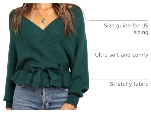 Image of ZESICA Women's Fall 2026 Wrap V Neck Long Batwing Sleeve Belted Waist Ruffle Knitted Sweater Pullover Top