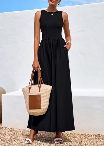 KIRUNDO Sleeveless Maxi Dresses for Women 2025 Spring Summer Mixed Fabric Pocketed Elegant Wedding Guest Flowy Tank Dress4