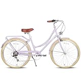 AVASTA Hybrid Bike for Women Female Lightweight Step Through 26 inch Hi-Ten Steel Frame City Commuter Comfort Lady Bicycle, 6-Speed, Color Lilac with Beige Tires