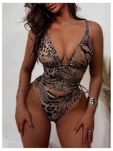 Women's 2 Piece Leopard Print Tankini Set Ruched Drawstring High Cut Bathing Suit3