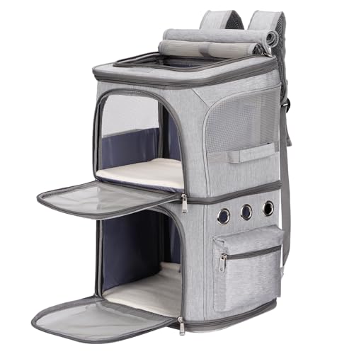 FASNATI Katzentransportbox für 2 Katzen, Katzenrucksack Große Katzen bis 12kg, perfekt für Reisen/Wandern/Camping, Grau, XL