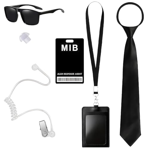 6PCS Agent Costume Accessories Spy Costume Kit with Black Tie Thin-Frame Glasses Earpiece & ID Badge Christmas Cosplay Role-Playing & Party Dress-Up for Men Women Kids
