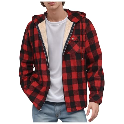 Generisch Chaqueta de lana a cuadros para hombre, chaqueta de forro polar de franela con capucha, holgada, mullida, moderna, informal, abrigo de felpa monocolor, abrigo de invierno para niño, rojo, XL