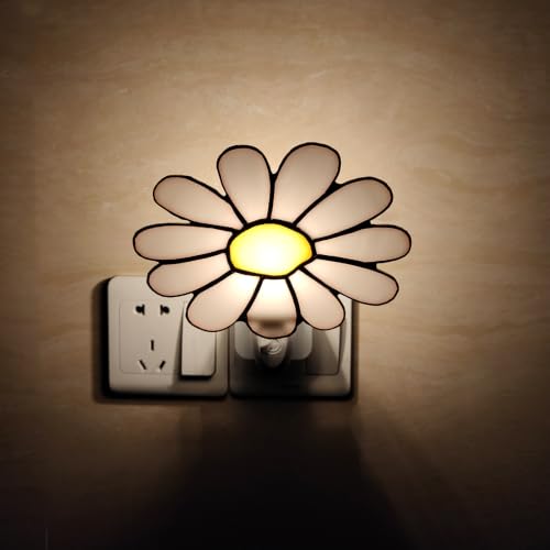 Image of CHEZBABY Stained Glass Night Light Plug into Wall Lamp Decorative Accent Nightlight for Hallway Bedroom Bathroom Kitchen Home Decor(Daisy)