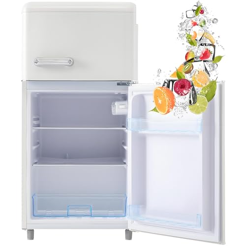 Frigorífico retro con congelador, frigorífico de 72 litros con congelador de 21 litros, frigorífico pequeño con compartimento para verduras, 120 kWh/año, luz LED.,White