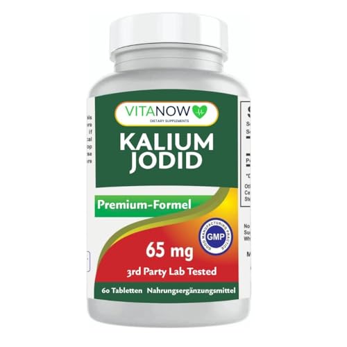 Kaliumjodid 65 mg Jod Tabletten Hochdosiertes Jod Stoffwechsel & Notfall Jodtabletten für Atomschutz Strahlung Nuklear Notfallvorsorge Vegan 60 Tabletten Pottasium iodide 65mg