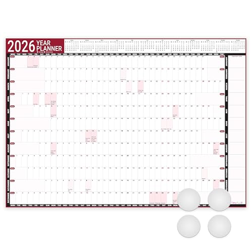 Giftinghouse Planificador de pared 2026 A3, tamaño ideal (29,7 x 42 cm), calendario de pared con vista anual completa del Reino Unido con pegatinas de montaje para el hogar, oficina, escuela