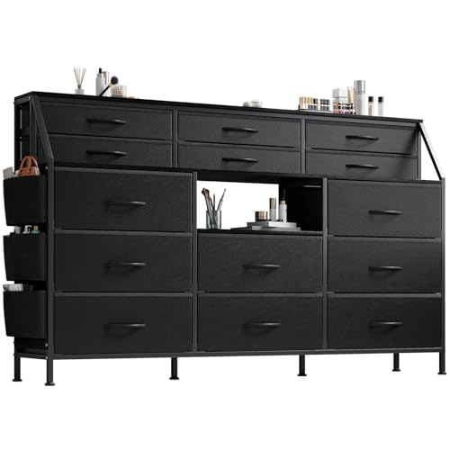 Dresser for Bedroom with 14 Drawers, 55" W Dresser with Side Pocket, Fabric Dressers & Chests of Drawers with Shelves, Sturdy Frame, Wood Top