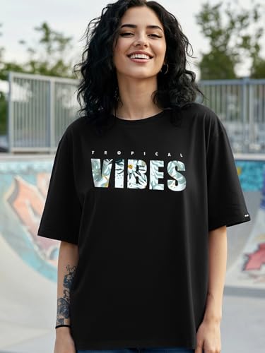 Image of Bewakoof Women's Being Savage Graphic Printed Oversized Cotton T-Shirt Oversized Fit, Round Neck, Half Sleeves