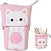 Produktbild TheStriven Katze Stand Federmäppchen Stehen Bleistifthalter Grosse Kapazität Federtasche Leinwand Reißverschluss Stifthalter Schlampermäppchen Make-up Tasche für Schule Büro Damen Mädchen (Rosa)