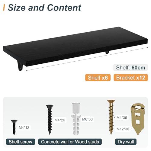 Image of SKYSEN Floating Shelves for Wall Set of 6, 23.6in Wood Wall Shelf for Decor, Bathroom, Bedroom, Storage, Book,Kitchen, Living Room - Black(fs-60-b)