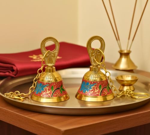 Image of DSH Pure Brass Hanging Bell with Chain for Temple Mandir Door Home Decorative Ringing Bell (Red, 2)