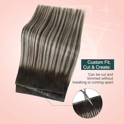 Image of Easyouth 24 Inch 100g Butterfly Weft Hair Extensions Human Hair Balayage, OVO Weft Human Hair Extensions, Ombre Dark Brown to Platinum Blonde with Brown, Long Straight Hair, for All-Day Wear