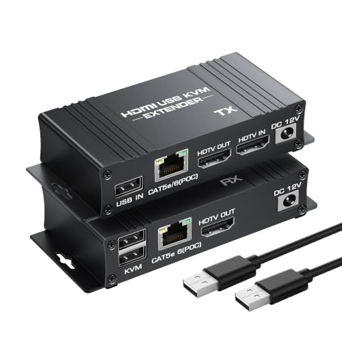 avedio links 164ft/50m HDMI KVM USB Extender Over Cat 5e/6/7 1080P HDMI Over Ethernet Extender Transmitter Receiver with Loop Out Support POC Power Supply Compatible with USB Keyboard Mouse