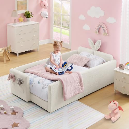 Image of Twin Size Kids Bed with Rabbit Ear Headboard, Upholstered Boucle Fabric Twin Daybed with Slats Support & Side Pockets, Space-Saving Wooden Corner Sofa Couch Bed Frame for Girls, Boys, Teenager(Beige)