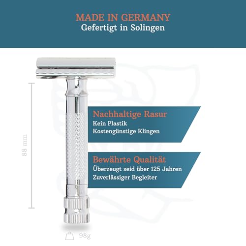 Image of MERKUR 34 Adjustable 2-Piece Double-Edge Safety Razor for Men in Bright Chrome with Standard Handle and Closed Comb - Adjustable Blade Gap, Made in Germany