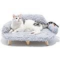 MEWOOFUN Raised Plush Cat Sofa Bed - Large Elevated Cat Bed Cat Couch with Sturdy Wooden Leg, Modern Pet Furniture Removable Washable Cover, 66x46cm Grey