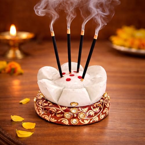Image of Pure White Marble Incense Stick Holder, Unique Handpainted Agarbatti Stand for Home and Office Decor Approx Size 1x2 inch Weight-100gm Pack of 1 | Handmade Festive Gift