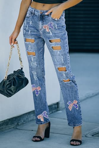 Women’s Light Blue Distressed Jeans with Sequin Bow and American Flag Pattern4