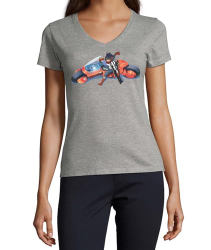 T-shirt à col en V Anime 105 femme coton gris vêtement imprimé été