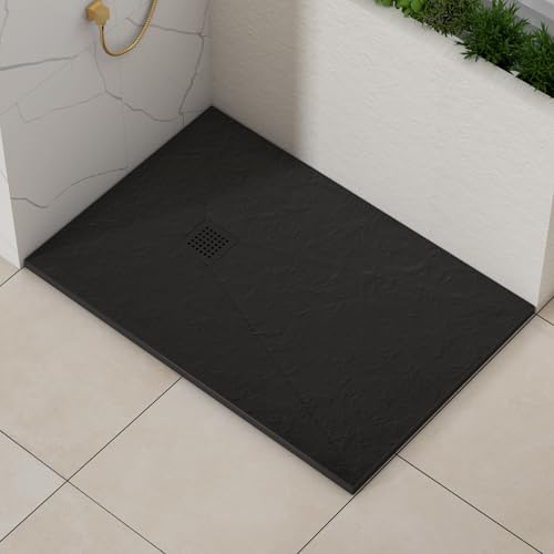 Luxor Rectangular 1400 x 900 x 30mm Black Slate Effect Stone Shower Tray Slip-Resistance for Shower Enclosure with Black Cover Grate