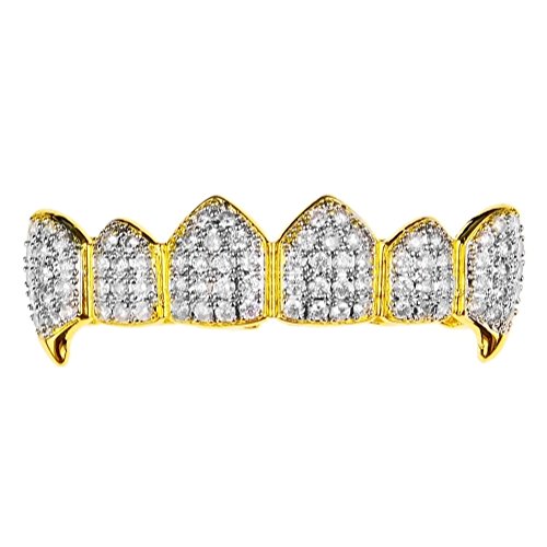 18k Gold Plated Fangs Two-Tone Grillz Top Teeth CZ Iced Bling Hip Hop Vampire Fang Grills