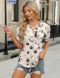 IECCP Womens Tops Dressy Casual Blouses Business Casual 2025 Summer Short Sleeve Shirts Cute V Neck Puff Pleated Tunic Top (Apricot Black Floral,XL)