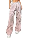 Shebote Womens Parachute Pants Wide Leg Baggy Y2K Elastic Waist Jogger Sweatpants Track Pants Streetwear(0046-Pink-S)